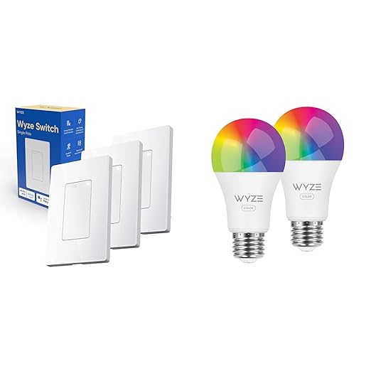 Wyze Switch, 2.4 GHz WiFi Smart Light Switch, Single-Pole, Needs Neutral Wire, White & Bulb Color, 1100 Lumen WiFi RGB and Tunable White A19 Smart Bulb, Works with Alexa and Google Assistant, Two-Pack