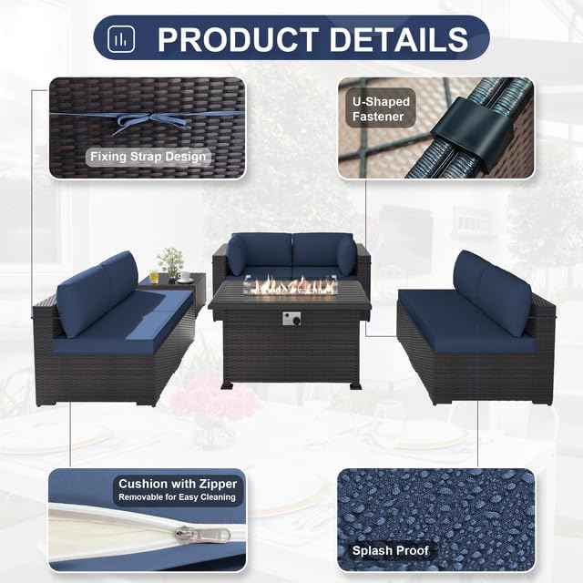 Patio Furniture Set with Fire Pit Table 8-Piece Outdoor Sectional Furniture Outdoor Rattan Patio Conversation Sets with 43in 55,000 BTU Propane Gas Fire Pit Table Glass Table, Navy Blue