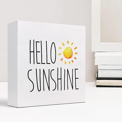 Hello Sunshine Wood Box Sign Decor Desk Sign,Farmhouse Rustic Summer Sunshine Wooden Box Block Sign for Home Office Shelf Table Decor Decorations