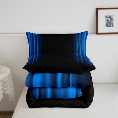 Geometric Abstract Ombre Comforter Set Kids Teens Blue Black Striped Bedding Bed Set Decor Modern Fashion Comforter Collection 3Pcs King Size Boys