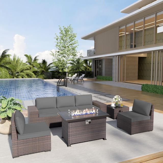 Patio Furniture Sectional Sofa Set 7 Pieces PE Rattan Patio Conversation Set w/43in Gas Fire Pit Table, Outdoor Furniture with 55000 BTU Propane Fire Pit, Grey