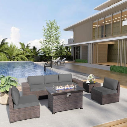 Patio Furniture Sectional Sofa Set 7 Pieces PE Rattan Patio Conversation Set w/43in Gas Fire Pit Table, Outdoor Furniture with 55000 BTU Propane Fire Pit, Grey