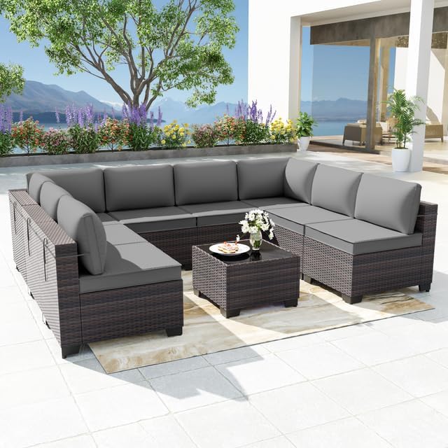 Patio Furniture Set 9-Piece Outdoor Furniture for Backyard Wicker Sectional Sofa Set, Rattan Patio Conversation Set with Thickened Cushions and Glass Coffee Table, Grey
