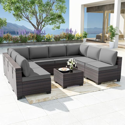 Patio Furniture Set 9-Piece Outdoor Furniture for Backyard Wicker Sectional Sofa Set, Rattan Patio Conversation Set with Thickened Cushions and Glass Coffee Table, Grey