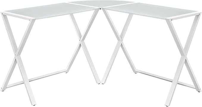 Walker Edison Wright Modern X Leg Glass Top Corner Computer Gaming L Shape Desk Home Office, 51 Inch, White