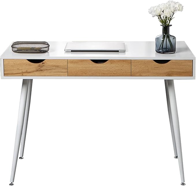DlandHome Computer Desk with Drawers Mid Century Modern Desk 43 Inches Vanity Desk with 3-Drawers, Office Desk with Drawers Writing Desk Study Table Makeup Tables, Bedroom Dresser Table
