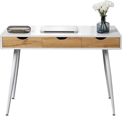 DlandHome Computer Desk with Drawers Mid Century Modern Desk 43 Inches Vanity Desk with 3-Drawers, Office Desk with Drawers Writing Desk Study Table Makeup Tables, Bedroom Dresser Table