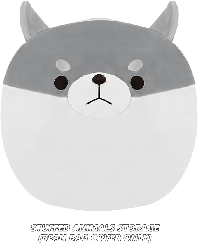 Stuffed Animal Storage Bean Bag Chair Cover for Kids Grey Shiba Inu Dog Bean Bag Chair for Girls X-Large Size Toy Organizer Cover Only Without Filling