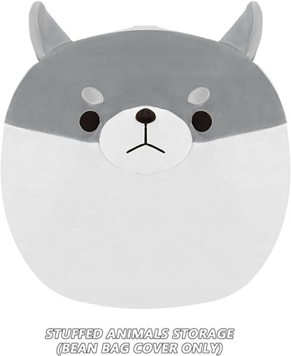 Stuffed Animal Storage Bean Bag Chair Cover for Kids Grey Shiba Inu Dog Bean Bag Chair for Girls XX-Large Size Toy Organizer Cover Only Without Filling