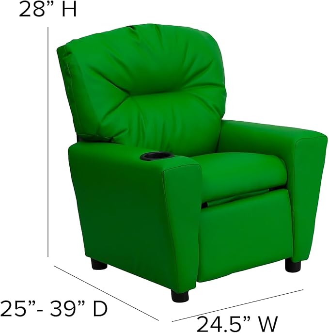 Flash Furniture Chandler Vinyl Kids Recliner with Cup Holder and Safety Recline, Contemporary Reclining Chair for Kids, Supports up to 90 lbs., Green