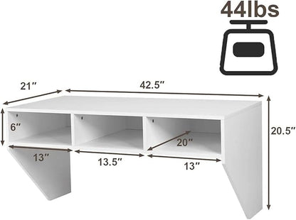Computer Floating, Home Office Working, 42.5” Laptop Table Writing w/Storage Shelves, Modern Console Media Cabinet Wall Mounted Desk Hutch, White