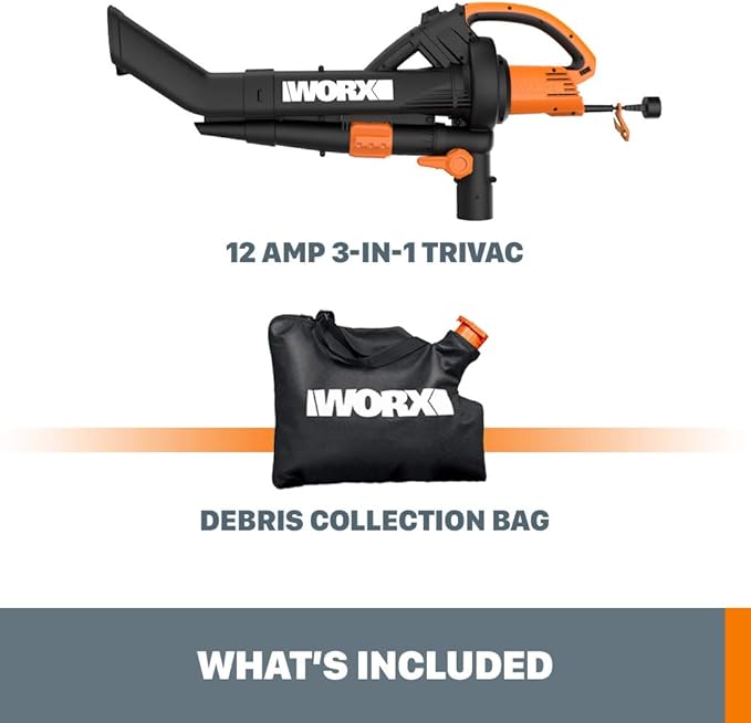 WORX WG509 TRIVAC 12 Amp 3-in-1 Electric Leaf Blower/Leaf Vacuum/Mulcher, Metal Impeller for Fine Mulching