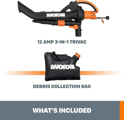 WORX WG509 TRIVAC 12 Amp 3-in-1 Electric Leaf Blower/Leaf Vacuum/Mulcher, Metal Impeller for Fine Mulching