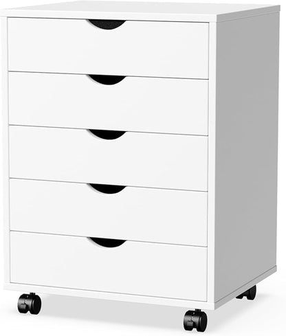 DUMOS 5 Drawer File Cabinet 5 Wood Rolling Organizer Storage Chest with Wheels Mobile Printer Stand for Home Office, White