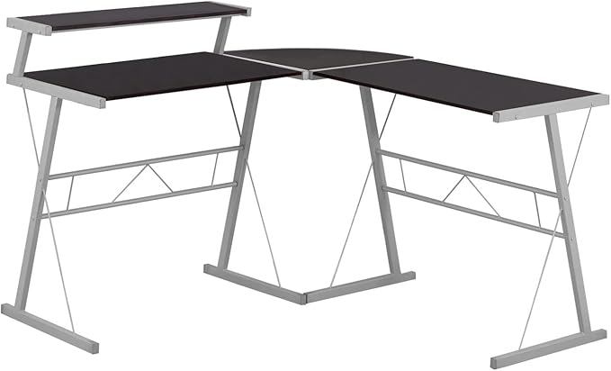 Monarch Specialties L-Shaped Corner Desk with Shelf for Home & Office, 48" L, Cappuccino-Silver Metal Legs,