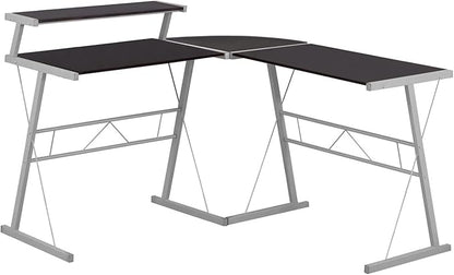 Monarch Specialties L-Shaped Corner Desk with Shelf for Home & Office, 48" L, Cappuccino-Silver Metal Legs,