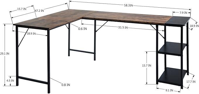 FurnitureR L-Shaped 58.3''Corner Computer Desk with Storage Shelf Long Gaming Desk for Home Office PC Workstation Saving Space Laptop Table (Brown and Black)