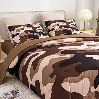 Meeting Story Camouflage Bedding Set, Colorful Pattern Style Comforter Set, 5 PCS One Comforter Two Pillowcases Two Sheets in One Bag, All Season Bedspread for Teens Adults (Coffee, Queen 5Pcs
