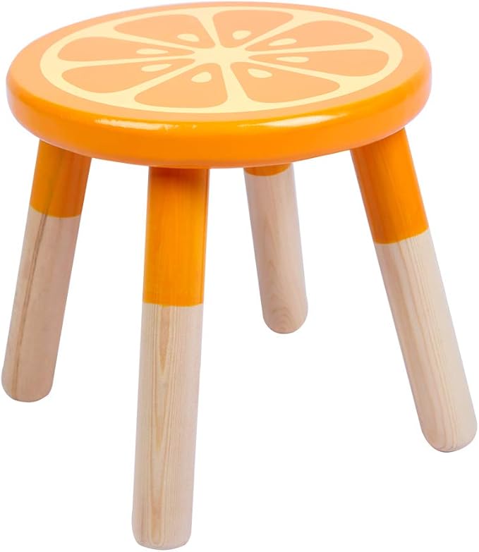 9 Inch Kids Solid Hard Wood Fruit Chair, Crafted Hand-Painted Wood with Assembled Four-Legged Sitting Stool, Bedroom, Playroom, Orange Furniture Stool for Toddler, Children, Boys, Girls(Orange)