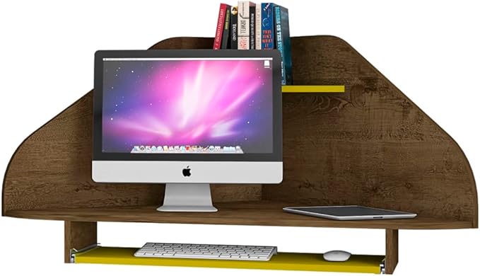 Manhattan Comfort Bradley Mid Century Modern Home Office Floating Corner Desk with Keyboard Shelf, 43.98", Rustic Brown/Yellow