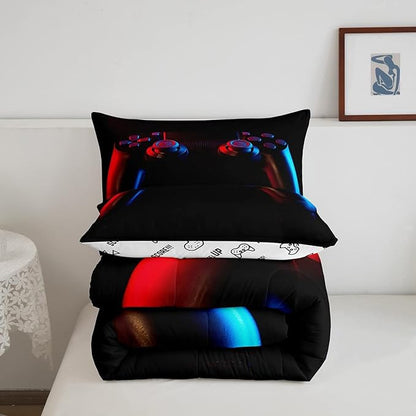 Gamer Comforter Set for Boys Girls Man Gaming Bedding Set,Black Gamepad Home Decor Player Video Game Duvet Insert Teens Kids 3 Pieces 1 Down Comforter with 2 Pieces Pillowcases(Full Size,All Season)