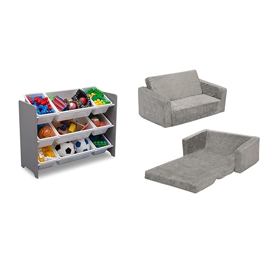 Delta Children MySize 9 Bin Plastic Toy Organizer - Greenguard Gold Certified, Grey & Serta Perfect Extra Wide Convertible Sofa to Lounger, Comfy 2-in-1 Flip Open Couch/Sleeper for Kids, Grey