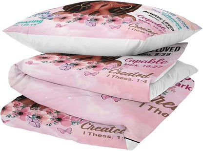 Twin Size Comforter Set with Powerful Quotes from Girls,3 Pieces Featuring African-American Girl - Ideal Gift Bedding for Teens and Women Pink White