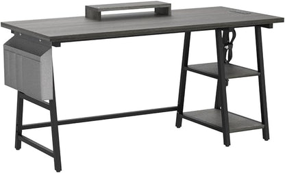 armocity Computer Desk with LED Lights, Reversible Desk with Power Outlet, 55'' Desk with Storage Shelves, Gaming Desk with Moveable Monitor Stand and Storage Bag for Home Office Workstation, Grey