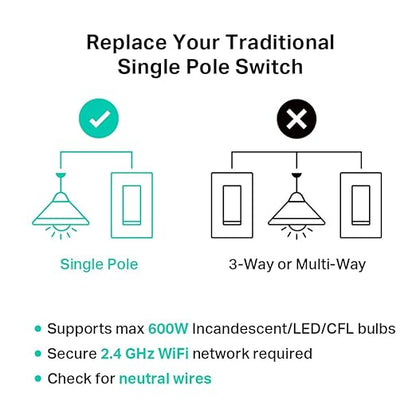 Kasa Matter Smart Light Switch: Voice Control w/Siri, Alexa & Google Assistant, UL Certified, Timer & Schedule, Easy Guided Install, Neutral Wire Required, Single Pole, 2.4GHz Wi-Fi, 3-Pack