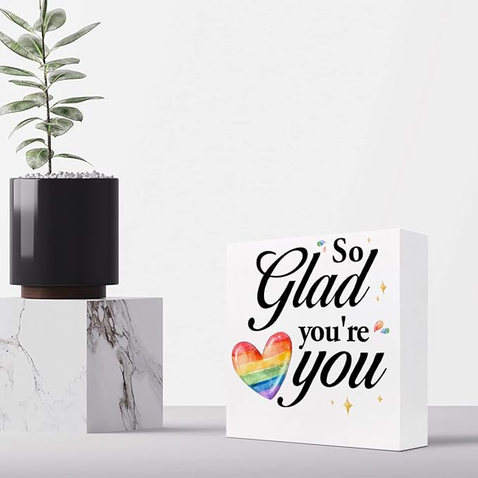 So Glad You're You Rainbow Heart Wood Box Sign Decor Desk Sign,Inspirational Affirmation Wooden Box Block Sign for Home Office Shelf Table Decor Decorations