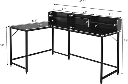 LUARANE 65.5 Inches L-Shaped Desk, Industrial Computer Desk with Hutch File Rack, Space Saving Corner Desk with Metal Frame, Computer Workstation for Home Office (Black)