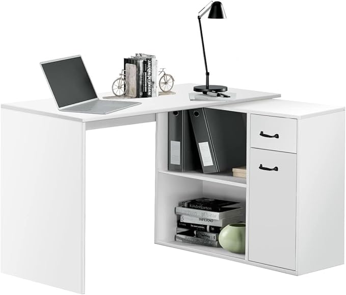 L-Shaped Rotating Computer Desk 68 inch with Storage Shelves Home Office Corner Desk with Drawers and File Cabinet Multipurpose Study Writing Table for Bedroom Small Space White