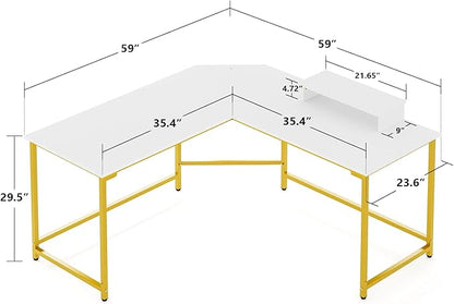 Elephance 59" L Shaped Desk Corner Computer Desk Gaming Table with Monitor Stand Workstation for Home Office (Large, White+ Gold Frame)