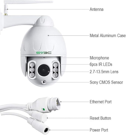 SV3C 1080P Outdoor PTZ WiFi Camera, ONVIF Security IP Camera with Auto Tracking, 197ft HD Night Vision, 5X Optical Zoom, Two-Way Audio, Waterproof, Compatible with Blue Iris, SD Card Slot, CamHiPro