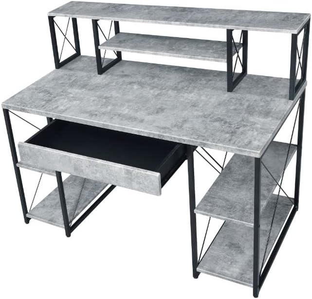 Acme Amiel Wooden 1-Drawer Writing Desk in Faux Concrete and Black
