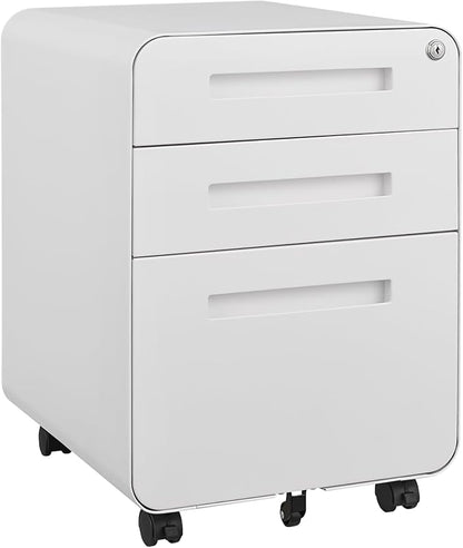 3 Drawer Mobile Desk Office with Lock and Wheels,Versatile Storage Cabinets w/Anti-Tilting Cold Rolled Steel Waterproof Moisture-Proof,for Legal/Letter/A4 Files,White