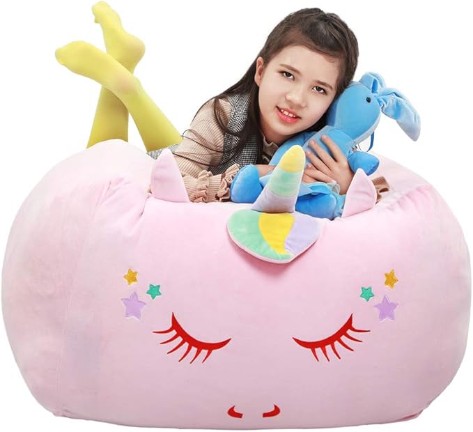Unicorn Stuffed Animal Toy Storage, Kids Bean Bag Chair COVER ONLY, Velvet Extra Soft Stuffed Organization Replace Mesh Toy Hammock for Kids Blankets Towels Clothes Home Supplies Pink