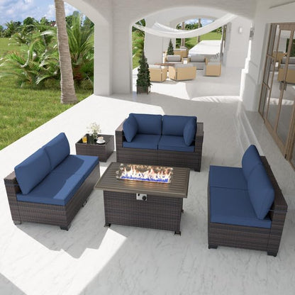 Patio Furniture Set with Fire Pit Table 8-Piece Outdoor Sectional Furniture Outdoor Rattan Patio Conversation Sets with 43in 55,000 BTU Propane Gas Fire Pit Table Glass Table, Navy Blue