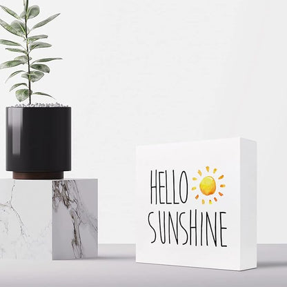 Hello Sunshine Wood Box Sign Decor Desk Sign,Farmhouse Rustic Summer Sunshine Wooden Box Block Sign for Home Office Shelf Table Decor Decorations