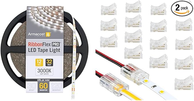 Armacost Lighting 142250 Ribbon Flex Pro Tape Light 60 LEDs/m, Soft Bright White 3000K 32.8 ft. Professional Grade LED Strip Lights & 566021 White/Single Color LED Wire to Tape Connector - 18 Pk