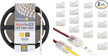 Armacost Lighting 142250 Ribbon Flex Pro Tape Light 60 LEDs/m, Soft Bright White 3000K 32.8 ft. Professional Grade LED Strip Lights & 566021 White/Single Color LED Wire to Tape Connector - 18 Pk