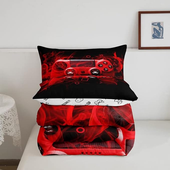 Feelyou Kids Gaming Comforter Set Queen Size Gamer Bedroom Decor for Boys Girls Teens Video Game Controller Bedding Set Youth Gaming Console Comforter Red Black Geometry with 2 Pillow Case