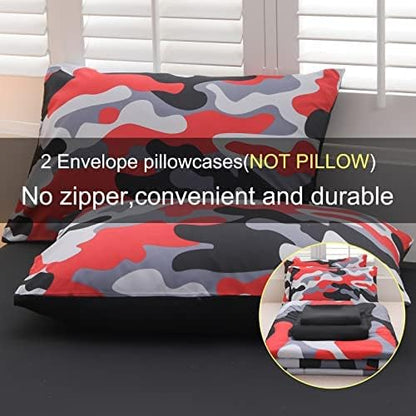 Meeting Story Camouflage Bedding Set, Colorful Pattern Style Comforter Set, 5 PCS One Comforter Two Pillowcases Two Sheets in One Bag, All Season Bedspread for Teens Adults (Red-Black,Queen5pcs