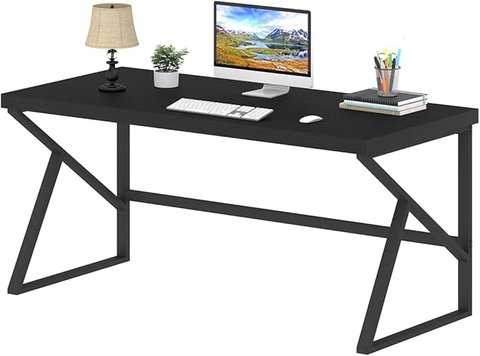 HSH Black Computer Desk, Long Home Office Laptop PC Desk, Large Industrial Metal Wood Executive Writing Gaming Workstation Desk, Modern Simple Student Study Work Table for Bedroom Living Room, 60 Inch