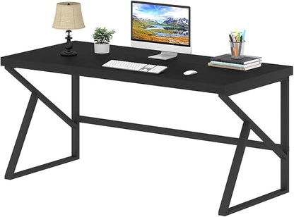HSH Black Computer Desk, Long Home Office Laptop PC Desk, Large Industrial Metal Wood Executive Writing Gaming Workstation Desk, Modern Simple Student Study Work Table for Bedroom Living Room, 60 Inch