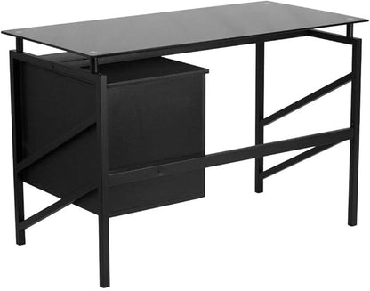 Flash Furniture Singleton Glass Desk with Two Drawer Pedestal,Black