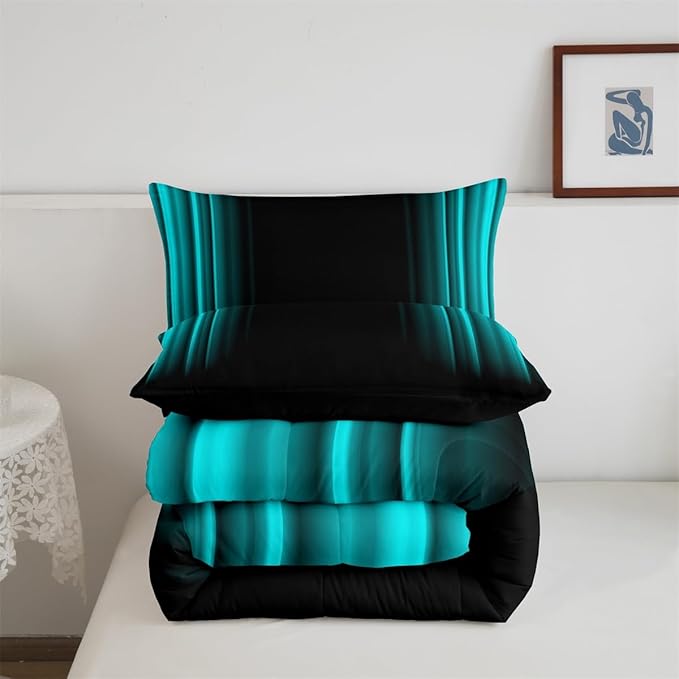 Geometric Abstract Ombre Comforter Set Kids Teens Teal and Black Striped Bedding Bed Set Decor Modern Fashion Comforter Inner Fill Bedroom Collection 3Pcs Full Size