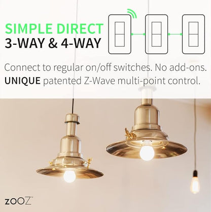 Zooz 800 Series Z-Wave Long Range Toggle Dimmer ZEN74, White | Direct 3-Way (No Add-On Switch Needed) | Z-Wave Hub Required