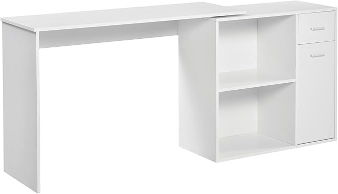 HOMCOM L Shaped Computer Desk, 180° Rotating Corner Desk with Storage Shelves, Drawer and Cabinet, Study Workstation for Home Office, White