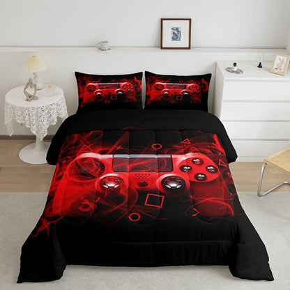 Feelyou Kids Gaming Comforter Set Queen Size Gamer Bedroom Decor for Boys Girls Teens Video Game Controller Bedding Set Youth Gaming Console Comforter Red Black Geometry with 2 Pillow Case
